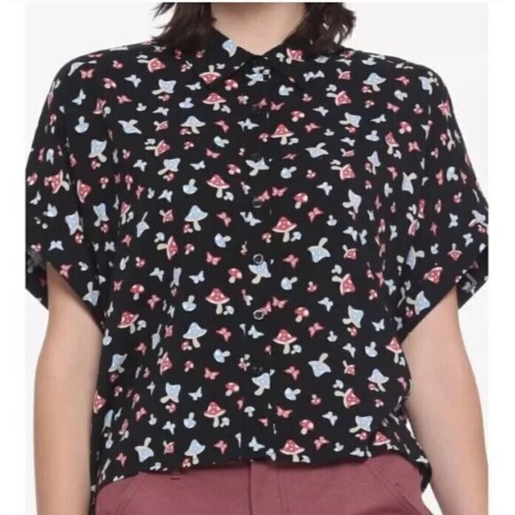 Hot Topic Top Womens Large Black Mushroom Butterfly Crop Button Up Boxy Boho - Picture 1 of 9